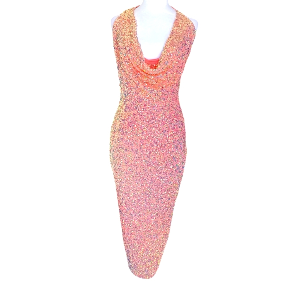 Blanc Maxi Dress Size M‎ Orange Sequin Thigh Side Slit Drawstring Low Back